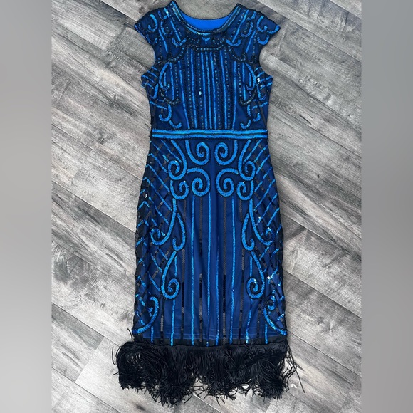 WOMAN'S DRESS Black BLUE SEQUIN Gatsby DRESS - Picture 1 of 8
